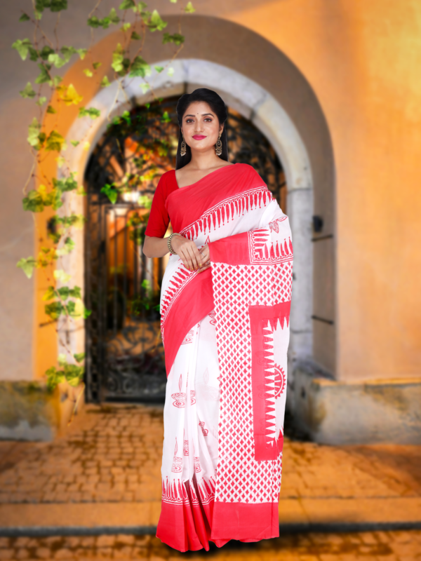 Hand block printed red white saree - Image 3