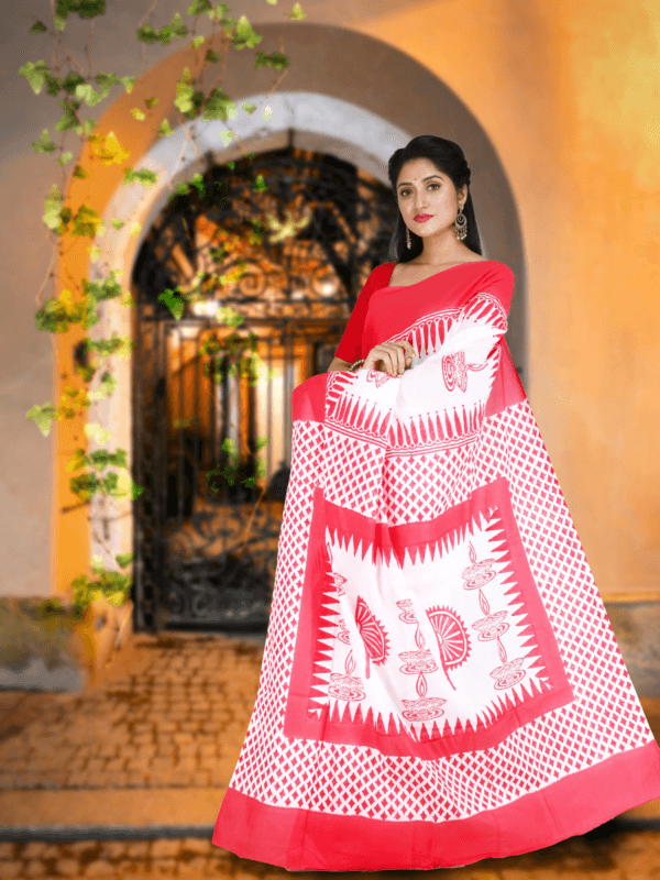 Hand block printed red white saree