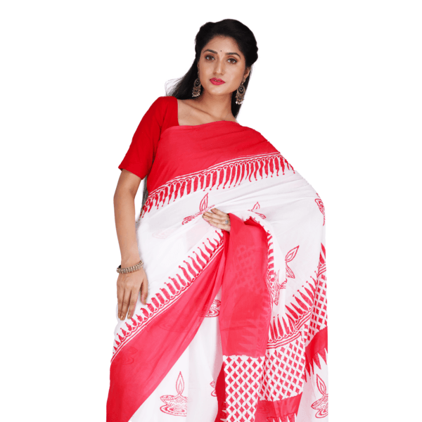 Hand block printed red white saree - Image 4