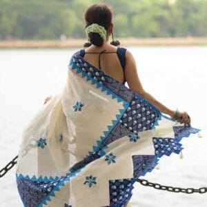 Appkique Cotton Saree, White and Blue