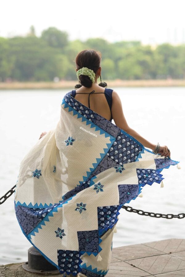 Appkique Cotton Saree, White and Blue - Image 2