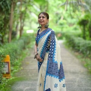Appkique Cotton Saree, White and Blue