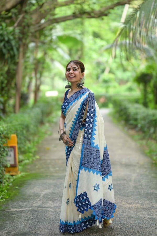 Appkique Cotton Saree, White and Blue
