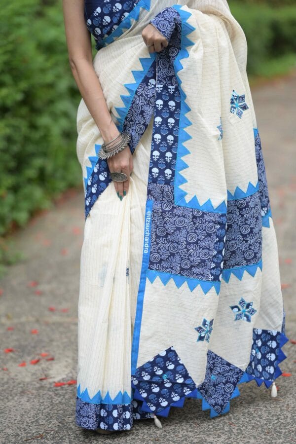 Appkique Cotton Saree, White and Blue - Image 3