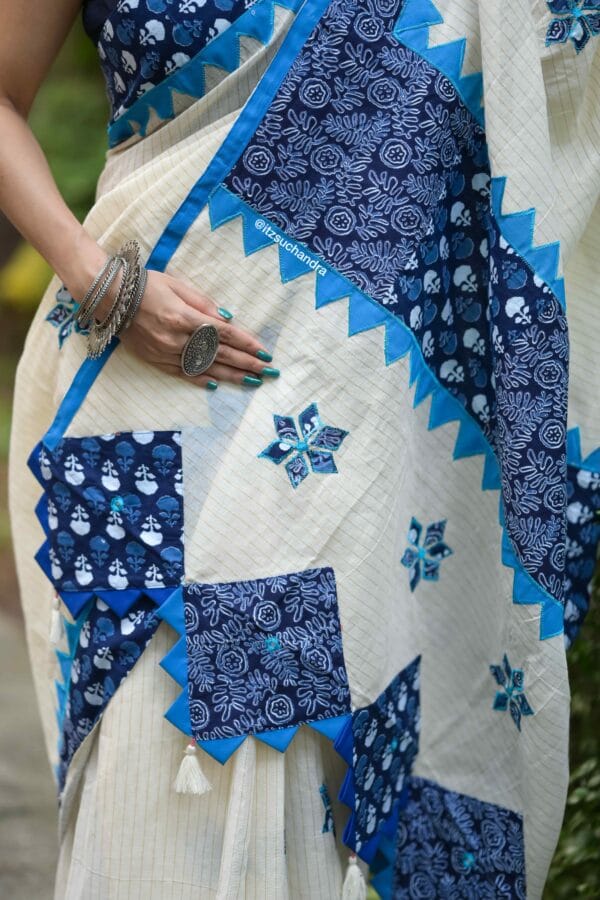 Appkique Cotton Saree, White and Blue - Image 4