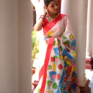 Handpainted Red & White Saree