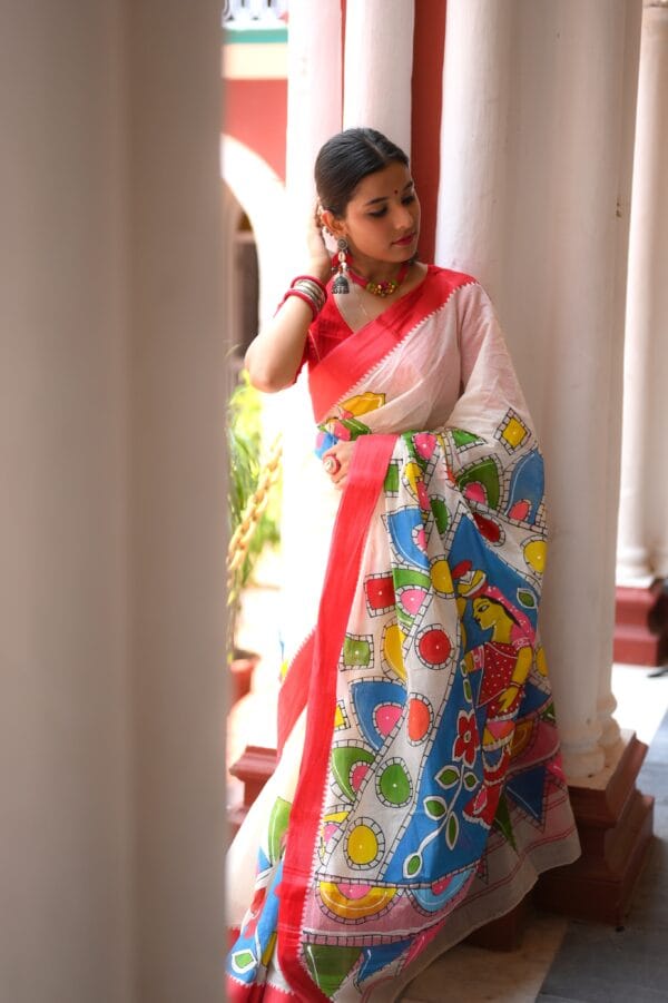 Handpainted Red & White Saree