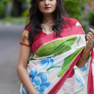 Hand painted red and white saree