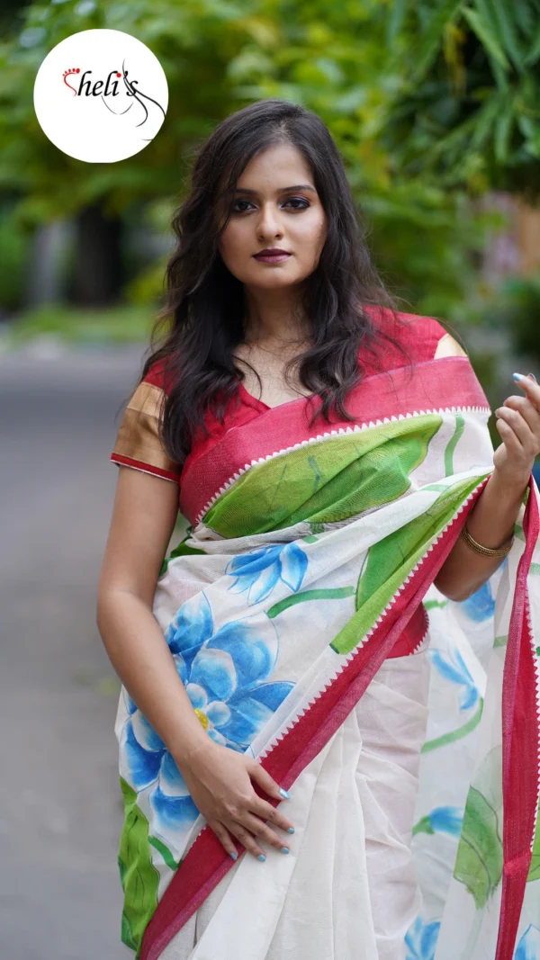 Hand painted red and white saree