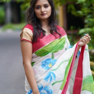 Hand painted red and white saree