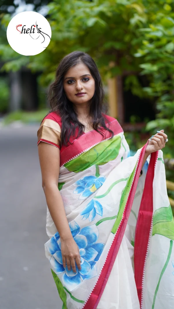 Hand painted red and white saree - Image 2