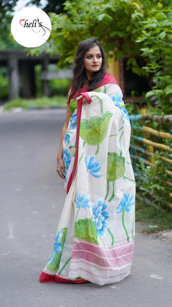 Hand painted red and white saree - Image 3