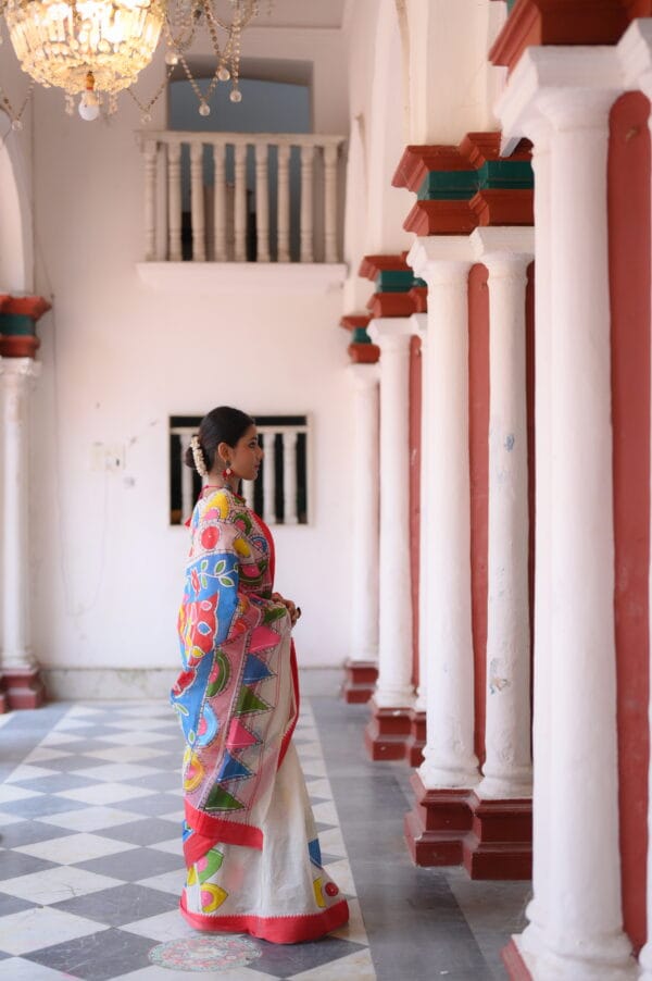 Handpainted Red & White Saree - Image 2
