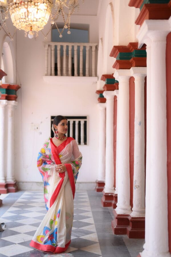 Handpainted Red & White Saree - Image 3
