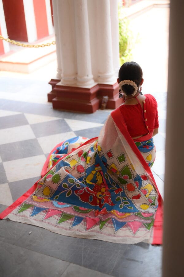 Handpainted Red & White Saree - Image 4