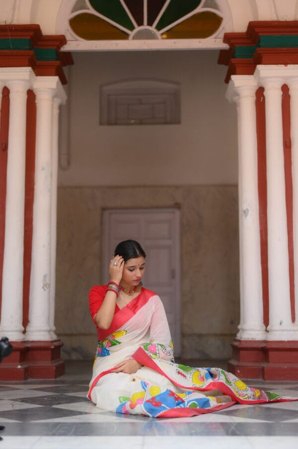 Handpainted Red & White Saree - Image 6