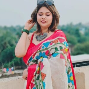 Hand painted red white saree