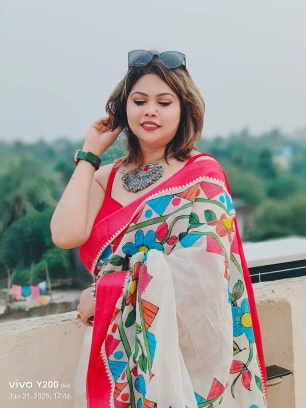 Hand painted red white saree