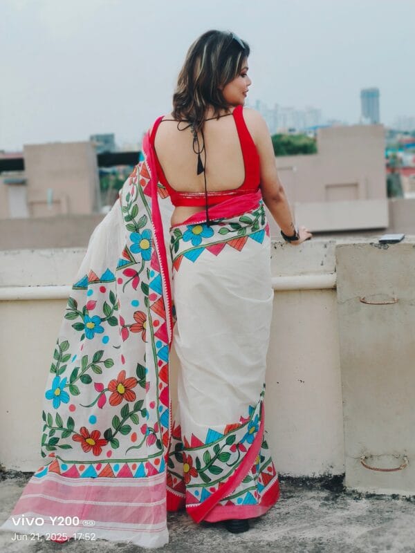 Hand painted red white saree - Image 2