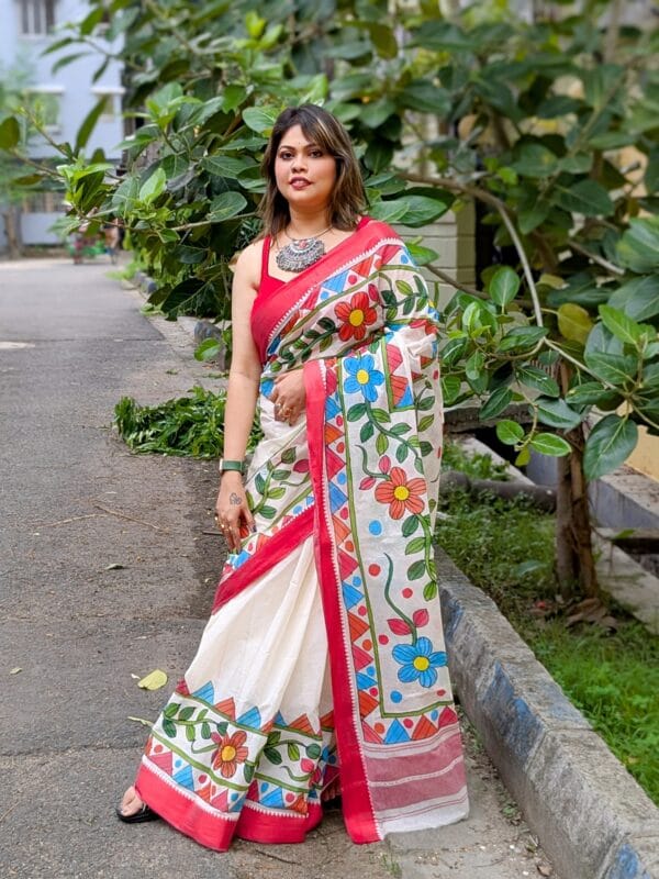Hand painted red white saree - Image 4