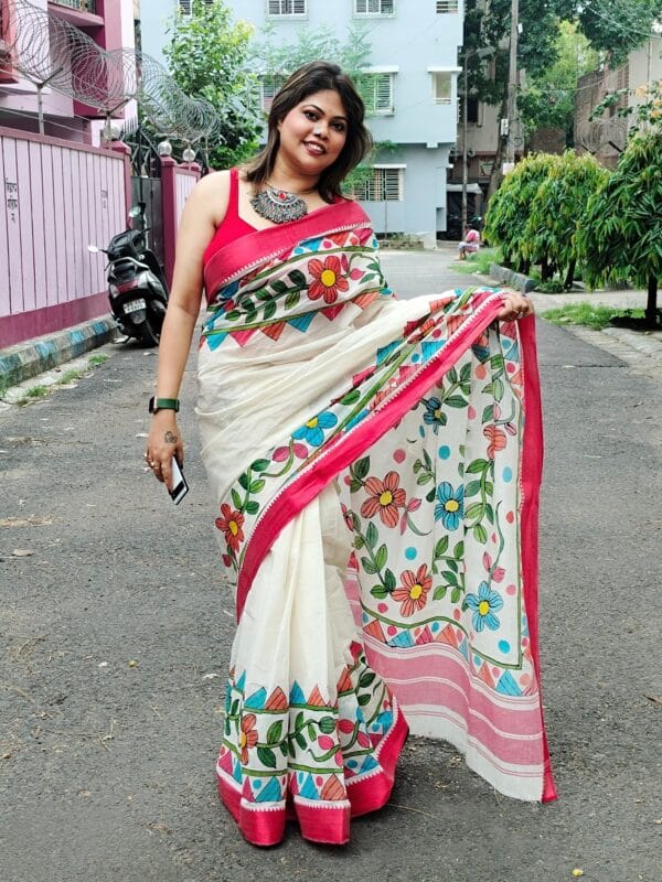 Hand painted red white saree - Image 5