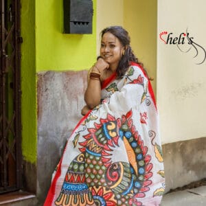 Hand painted red and white saree