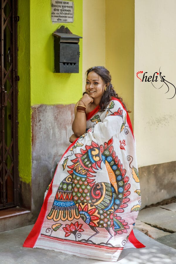 Hand painted red and white saree - Image 2