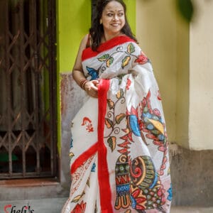 Hand painted red and white saree