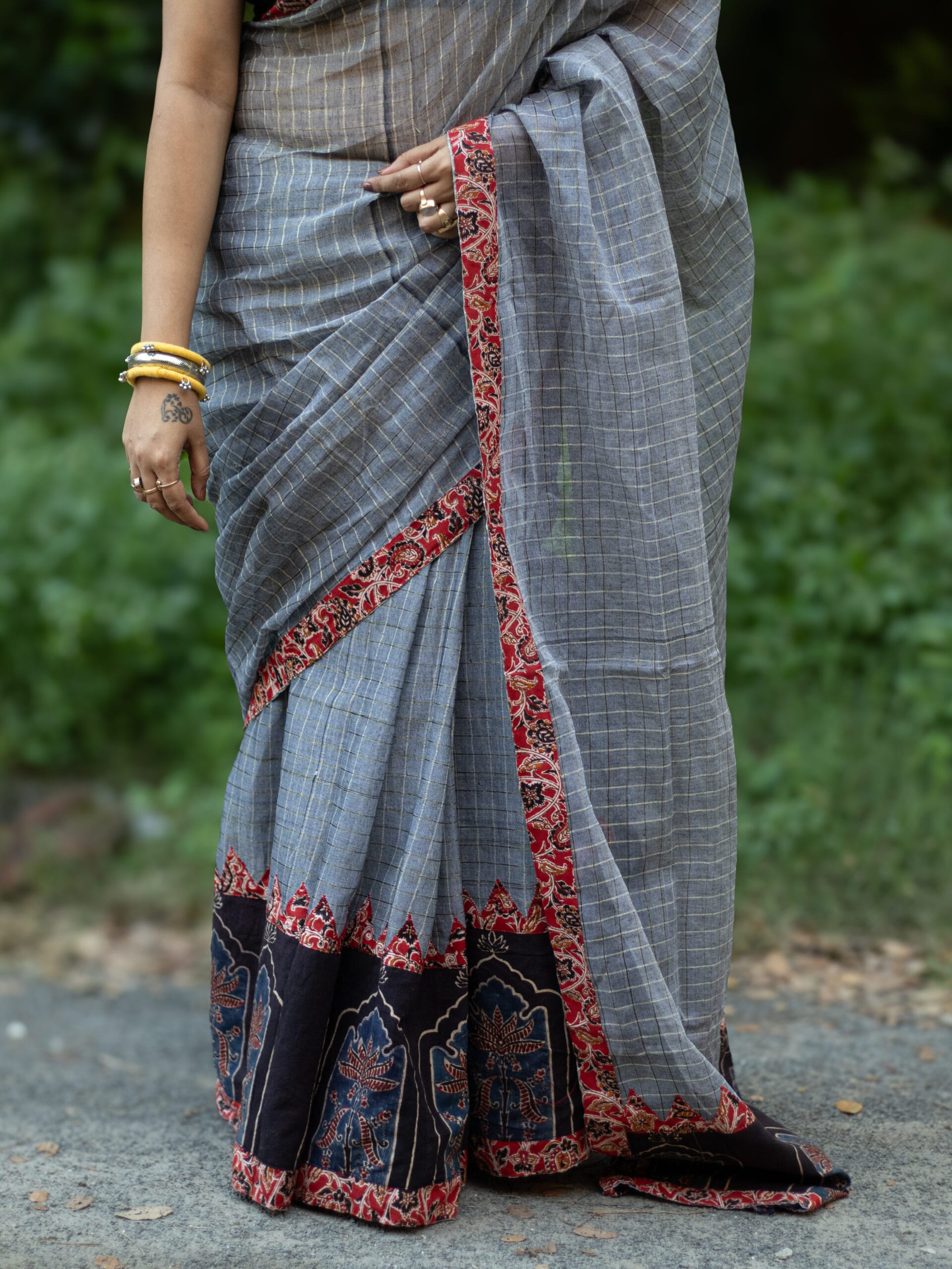 Fusion Cotton ajrakh kalamkari saree - Image 3