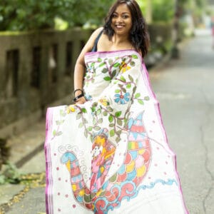 Hand painted cotton saree white with purple border