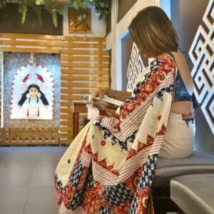 Traditional Dhonekhali Cotton Saree with Ajrakh Border, White Base Handloom Checkered Design