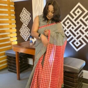 Red and Black Checkered Gamcha Fusion Saree