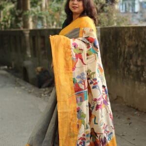 Yellow Checkered Kantha Border on Grey Checkered Base